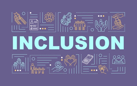 Inclusion word concepts banner. Aid for people with special needs. Equality. Infographics with linear icons on purple background. Isolated typography. Vector outline RGB color illustration