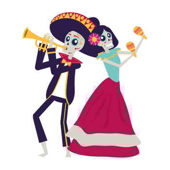 catrina and mariachi playing trumpet characters vector
