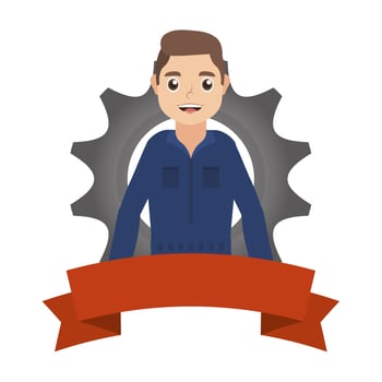 young mechanic worker with gear and ribbon vector