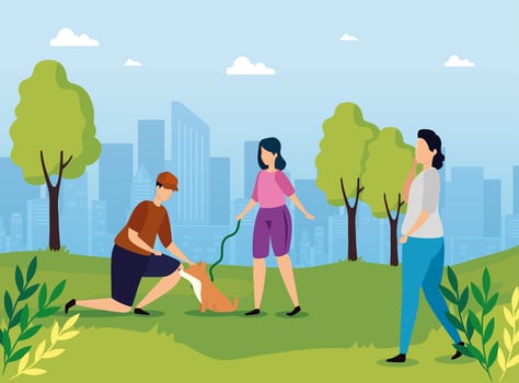 couple with dog in landscape nature vector