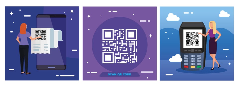set poster of scan code qr with icons vector