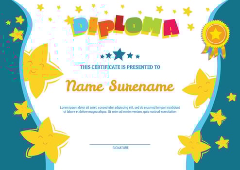 School diploma template certificate for kids with flying stars award appreciation and badge vector