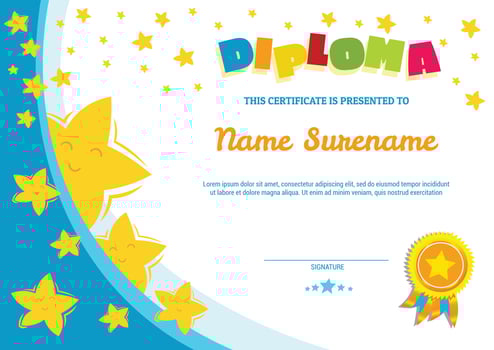 School diploma template certificate for kids award appreciation with stars and badge vector