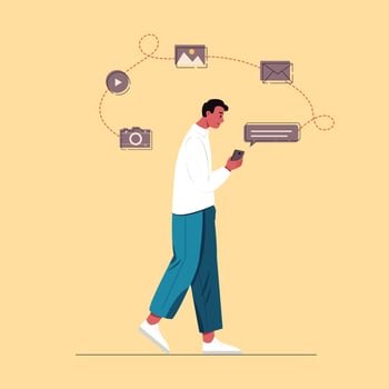 young men holding smartphones and texting, talking, listening to music, taking selfie. male cartoon characters with mobile phones. Flat vector illustration