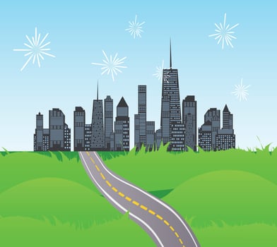 Solar Road in the City of Nature. Vector Illustration.
