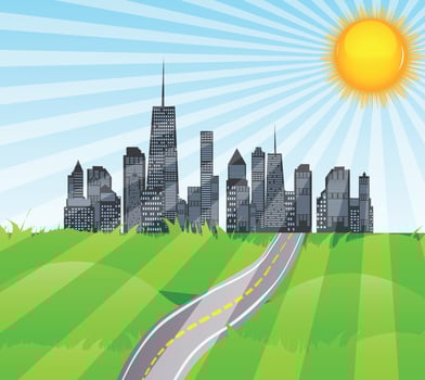 Solar Road in the City of Nature. Vector Illustration.