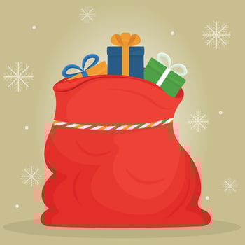 Santa Claus gifts in bag. Christmas presents sack, pile of gifts prize sackful and fun surprise xmas present with cartoon ribbon bow, snow. Greeting new year vector illustration