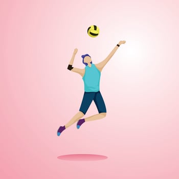 vector graphic illustration of a tall man doing a smash in volleyball, suitable for a practical tool in a book that describes learning volleyball, as well as an element for design