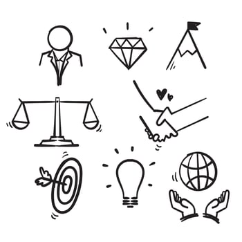 hand drawn doodle icon symbol for core values set isolated background vector