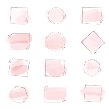 pink watercolor brush stroke splash with luxury golden frame and green leaf for banner or logo collection vector