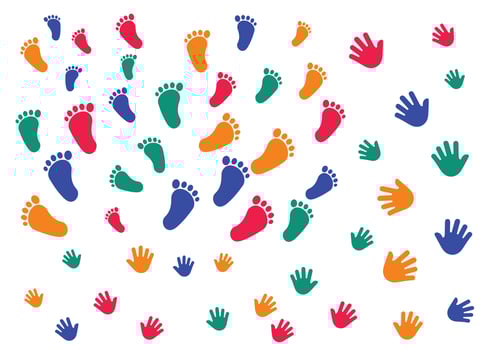 Children handprints and footprints. Colorful handprints and footprints isolated on white background vector