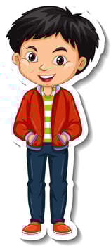 An asian boy wears red jacket cartoon character sticker vector