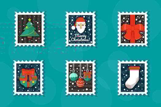 Christmas Stamps Flat Style Collection Vector Design EPS10, Christmas Tree Stamp, Merry Christmas Stamp, Santa Claus Stamp, Christmas Gift Stamp, Christmas Wreath Stamp, Christmas Ornaments Stamp