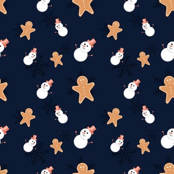 gingerbread man, snowman with hat on dark blue backdrop with snowflake seamless pattern background. Best for winter holiday fabric, giftwrap, scrapbooking, greeting cards design projects. vector