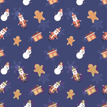 Santa Claus, gingerbread  man, house with chimney objects in rounded corner theme seamless pattern background. Best for winter holiday fabric, giftwrap, scrapbook, greeting cards design projects. vector
