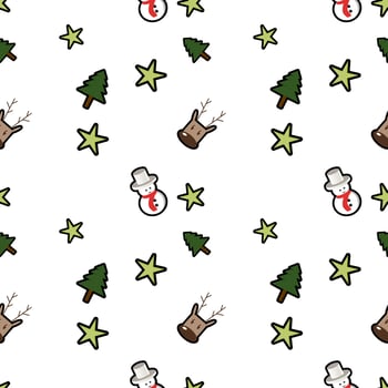 deer head, stars, snowman, Christmas tree seamless pattern background. Perfect for winter holiday fabric, giftwrap, scrapbook, greeting cards design projects. vector