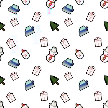 gift box, present box set, snowman, Santa head, Christmas tree seamless pattern background. Perfect for winter holiday fabric, giftwrap, scrapbook, greeting cards design projects. vector