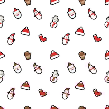 Snowman, Santa Claus head, gloves, socks, hat seamless pattern background. Perfect for winter holiday fabric, giftwrap, scrapbook, greeting cards design projects. vector