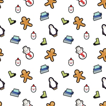 gingerbread man, penguin, gift box, ski skates, Santa Claus head, snow man seamless pattern background. Perfect for winter holiday fabric, giftwrap, scrapbook, greeting cards design projects. vector