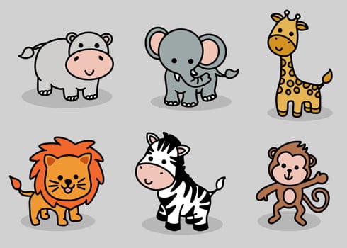 Cute Animal Set Hippo, Elephant, Giraffe, Lion, Zebra, Monkey Line Art cartoon vector