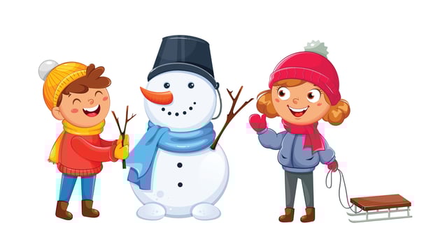 Cheerful kids playing with snowman vector