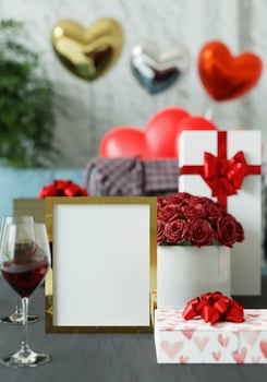 Card with gift box about Valentine, 3D style. photo