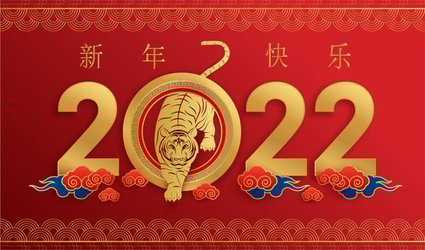 Happy Chinese new year 2022, Tiger Zodiac sign on red color background. Asian elements with craft tiger paper cut style. Chinese Translation happy new year 2022, year of the Tiger Vector EPS10.