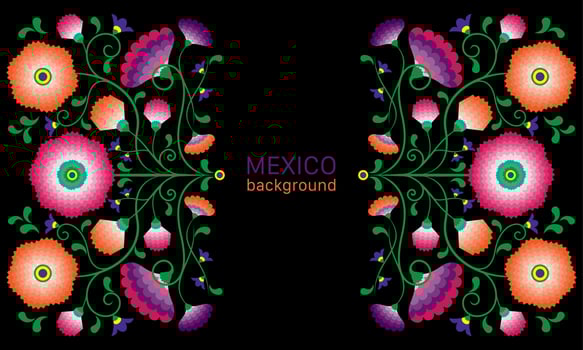Embroidery native flowers folk pattern with Polish and Mexican influence. Trendy ethnic decorative traditional floral in symmetric design, for fashion, interior, stationery. Vector isolated on black