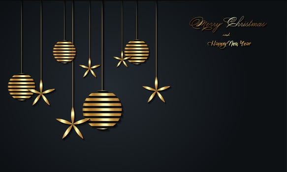 Christmas luxury holiday banner with gold handwritten Merry Christmas and Happy New Year greetings and gold colored Christmas balls. Vector illustration isolated on black background
