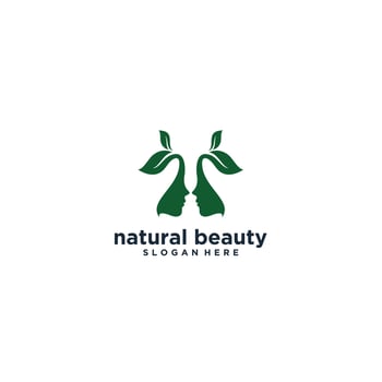 natural beautiful logo with illustration of two beautiful female faces and leaves reflecting nature vector