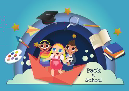 cute kids character and stationery back to school banner vector