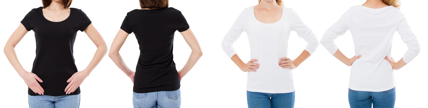 Woman In White And Black T Shirt Isolated Front And Rear Views Cropped image Blank T-shirt Options, Girl In Tshirt Set. Mock Up. Shirt Design And People Concept. photo