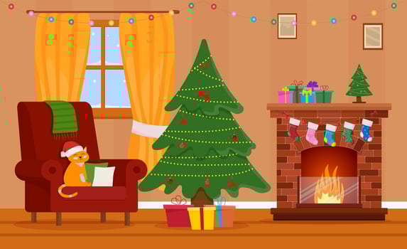 Christmas room interior. Christmas tree, gift, fireplace and decoration vector