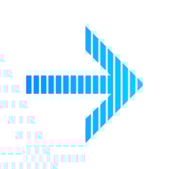 Striped blue arrow flat design long shadow color icon. Arrowhead indicating rightward. Direction pointer. Navigation indicator sign. Cursor symbol. Orientation arrow. Vector silhouette illustration