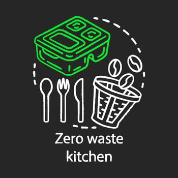 Zero waste kitchen and eco, friendly lifestyle, organic waste management chalk concept icon. Reusable coffee filter, cutlery, food container idea. Vector isolated chalkboard illustration