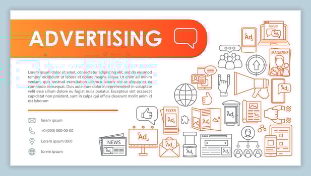 Advertising web banner, business card template. Marketing. Company contact page with phone, email linear icons. Print, display, online ads. Presentation, web page idea. Corporate design layout vector