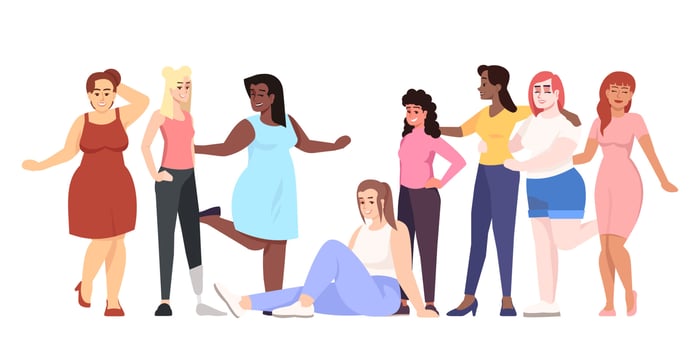 Women flat vector illustration. Body positive. Struggle for equality and feminism. Thin and plus size figure. Smiling ladies of different nationalities isolated cartoon character on white background