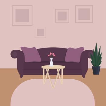Living room with purple sofa. Flat vector illustration