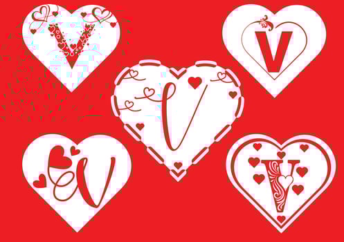 V letter logo with love icon, valentines day design template vector