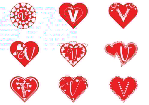 V letter logo with love icon, valentines day design template vector