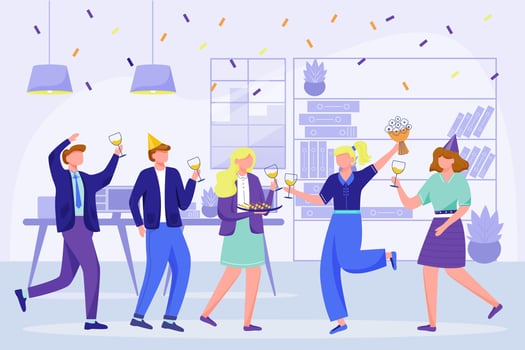 Corporate birthday party in office flat vector illustration. Office team anniversary celebration. Festive event with coworkers. Colleagues dance, drink wine on workplace cartoon characters