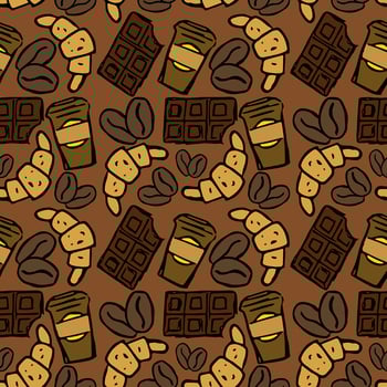 Seamless pattern with coffe, croissant and chocolate icons. vector food icons