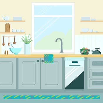 Kitchen interior in light colors with dishes and a window vector