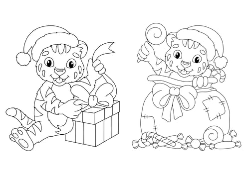 Set of cute Christmas tiger cubs with gifts. Coloring book page for kids. Cartoon style character. Vector illustration isolated on white background.