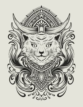 Illustration vector cat head with vintage engraving ornament
