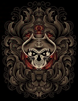 illustration vector captain skull pirate with engraving ornament