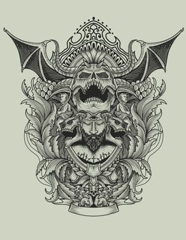 Demon skull with antique engraving pattern-vector illustration vector