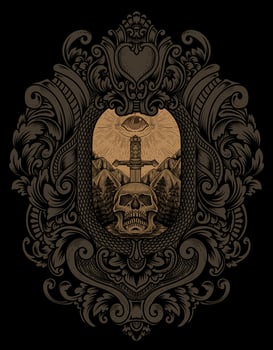 illustration antique skull sword with dark eyes engraving style vector