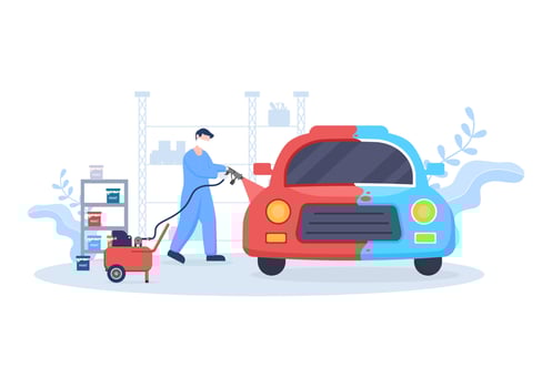 Car Painting Machine with Equipment a Paint, Airbrush or Spray Gun to the Vehicle Body for Give it a New Color in Flat Vector Illustration