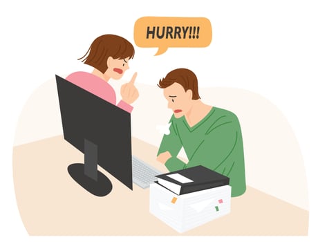A business man is listening to the boss nagging from his computer monitor. vector